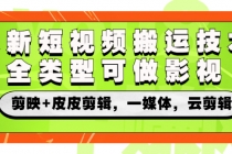 最新短视频搬运技术，全类型可做影视，剪映+皮皮剪辑，一媒体，云剪辑-副业网