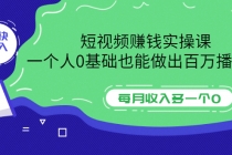 短视频赚钱实操课，一个人0基础也能做出百万播放量，每月收入多一个0-副业网