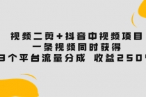 视频二剪+抖音中视频项目：一条视频获得3个平台流量分成 收益250%-副业网