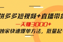 拼多多短视频+直播带货，一天赚3000+独家快速爆单方法，批量起号-副业网