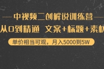 中视频二创解说训练营：从0到精通 文案+标题+素材、月入5000到5W-副业网