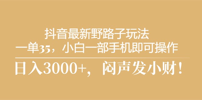 抖音最新野路子玩法，一单35，小白一部手机即可操作，，日入3000+，闷…-副业网