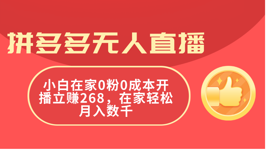 拼多多无人直播，小白在家0粉0成本开播立赚268，在家轻松月入数千-副业网