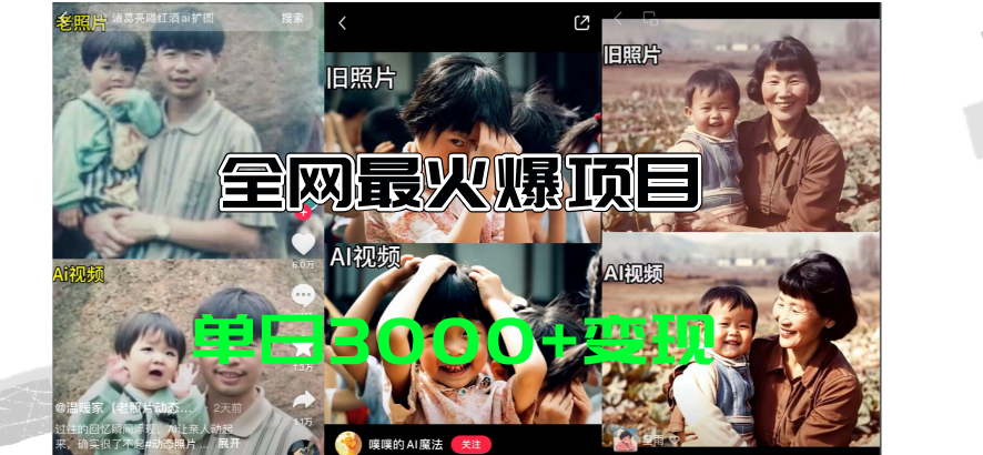 全网爆火的AI让老照片动起来教程，蹭热点日赚3000+，内含免费工具一键…-副业网