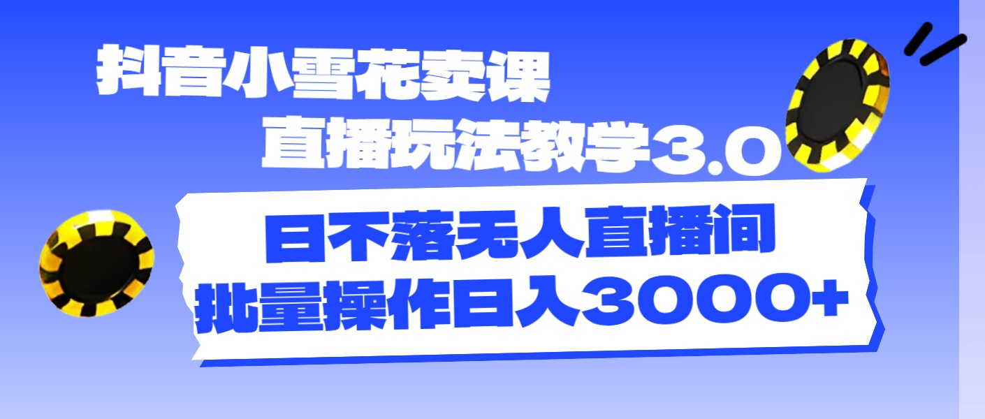抖音小雪花卖课直播玩法教学3.0，日不落无人直播间，批量操作日入3000+-副业网