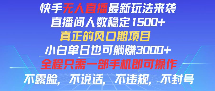 快手无人直播全新玩法，直播间人数稳定1500+，小白单日也可躺赚3000+，…-副业网