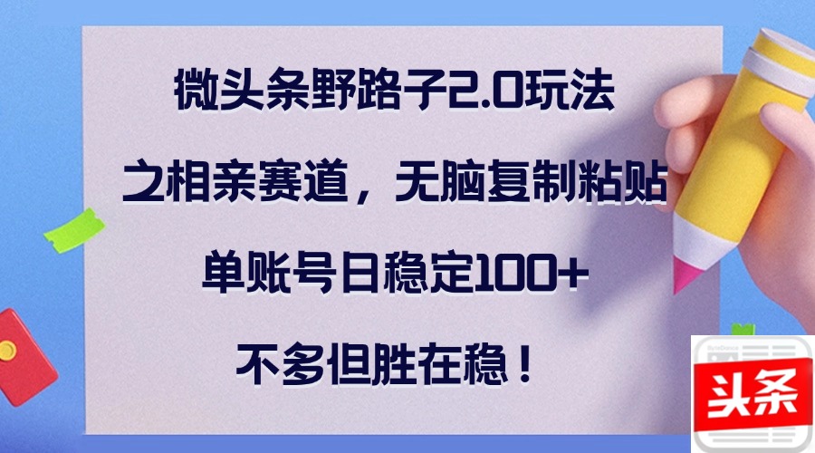 微头条野路子2.0玩法之相亲赛道，无脑复制粘贴，单账号日稳定100+，不…-副业网