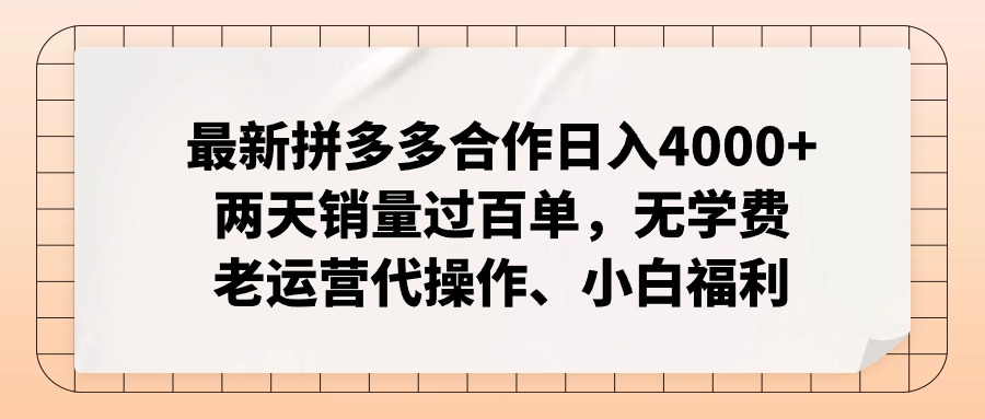 拼多多最新合作日入4000+两天销量过百单，无学费、老运营代操作、小白福利-副业网