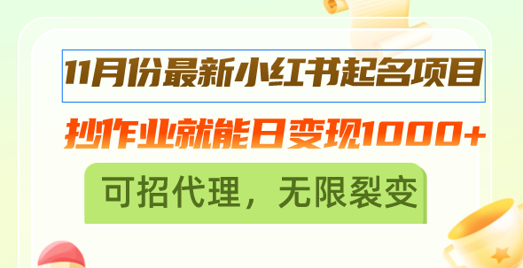 11月份最新小红书起名项目，抄作业就能日变现1000+，可招代理，无限裂变-副业网