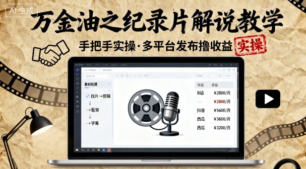 万金油之纪录片解说教学，手把手教你，完全实操，多平台发布撸收益-副业网