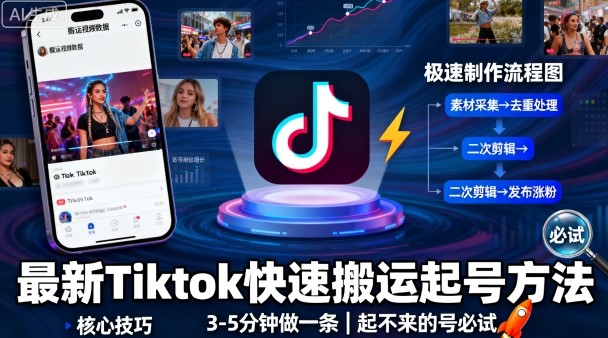 最新Tiktok快速搬运快速起号方法，3-5分钟做一条，起不来的号可以试试-副业网