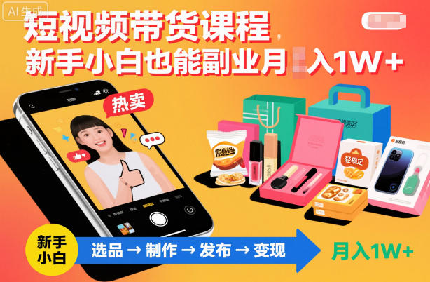 短视频带货课程，新手小白也能副业月入1W＋，轻松搞定-副业网