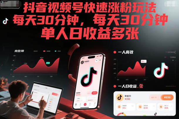 抖音视频号快速涨粉玩法，每天30分钟，单人日收益多张-副业网