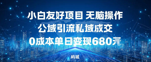 小白友好项目，无脑操作，公域引流私域成交，0成本单日变现680米-副业网
