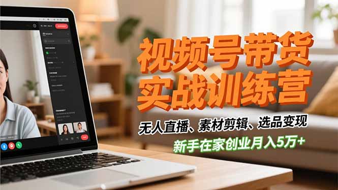 视频号带货实战训练营，无人直播、素材剪辑、选品变现，新手在家创业月入5万+-副业网