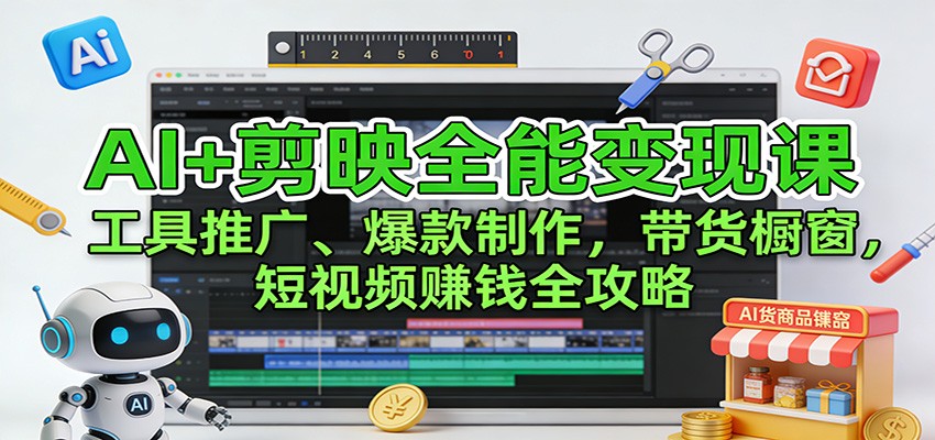 AI+剪映全能变现课：工具推广、爆款制作、带货橱窗，短视频赚钱全攻略-副业网