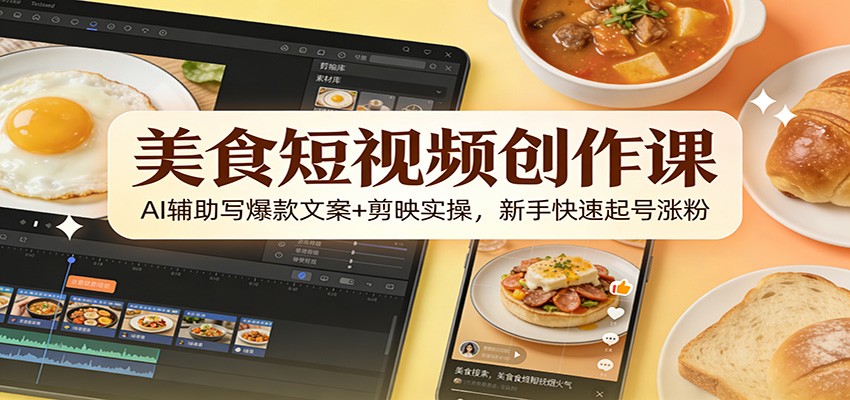 美食短视频创作课：AI辅助写爆款文案+剪映实操，新手快速起号涨粉-副业网