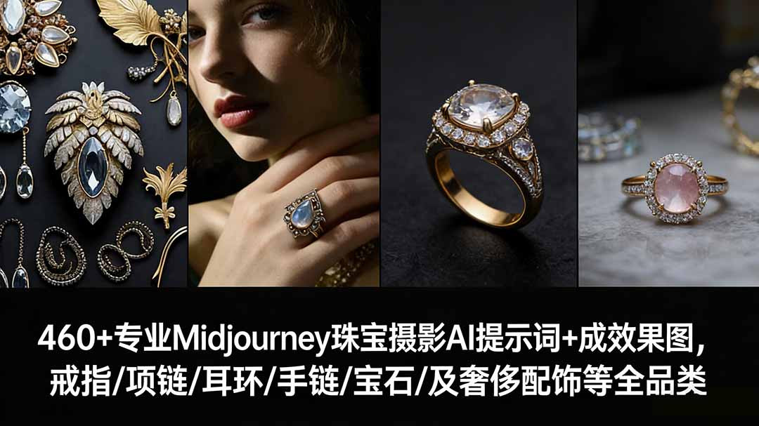 460+专业Midjourney珠宝摄影AI提示词+成效果图，戒指/项链/耳环/手链/宝石/及奢侈配饰等全品类-副业网