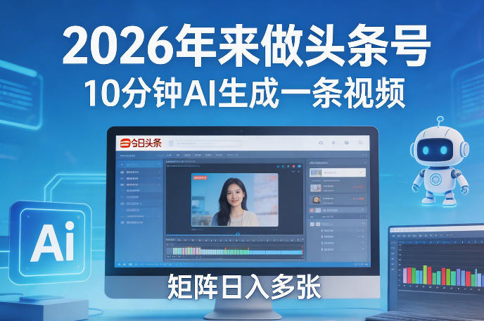 2026年来做头条号，10分钟AI生成一条视频，矩阵日入多张-副业网