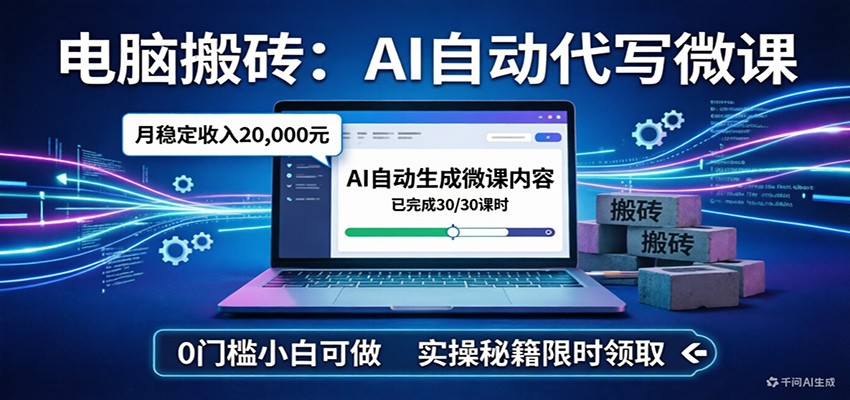 电脑搬砖AI自动代写微课，月稳定2W，0门槛小白可做，实操秘籍-副业网
