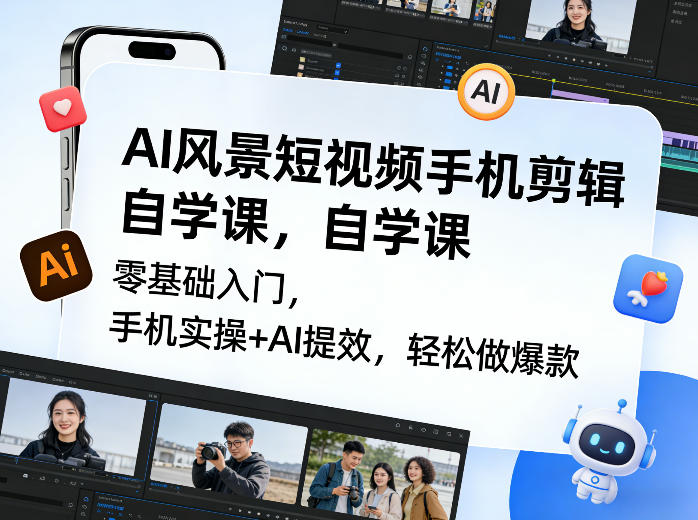 AI风景短视频手机剪辑自学课，零基础入门，手机实操+AI提效，轻松做爆款-副业网