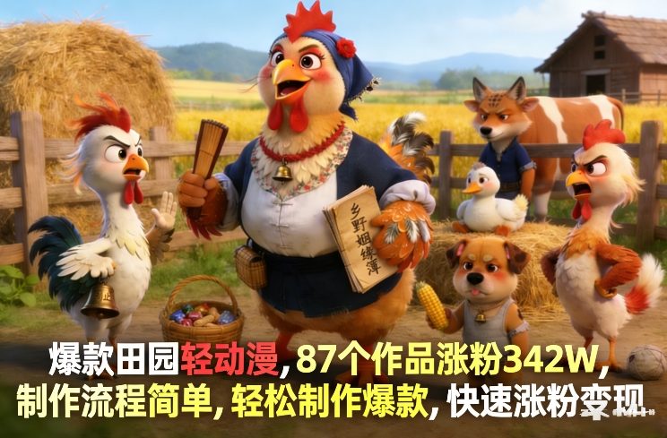 爆款田园轻动漫，87个作品涨粉342W，制作流程简单，轻松制作爆款，快速涨粉变现-副业网