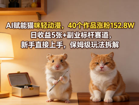 AI赋能猫咪轻动漫，40个作品涨粉152.8W，日收益5张+副业标杆赛道，新手直接上手，保姆级玩法拆解-副业网