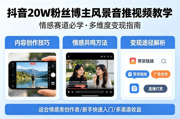 抖音20W粉丝博主风景音推视频教学，情感赛道必学，各种变现途径-副业网