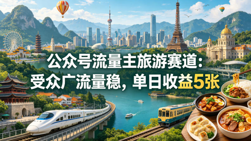 公众号流量主之旅游赛道，受众广+流量稳，平均单日收益5张+-副业网