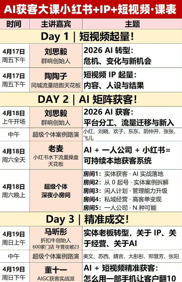 AI获客大课小红书+IP+短视频3天2夜线下课，用最真实的一线案例，最前沿的AI工具，最有效的流量打法
