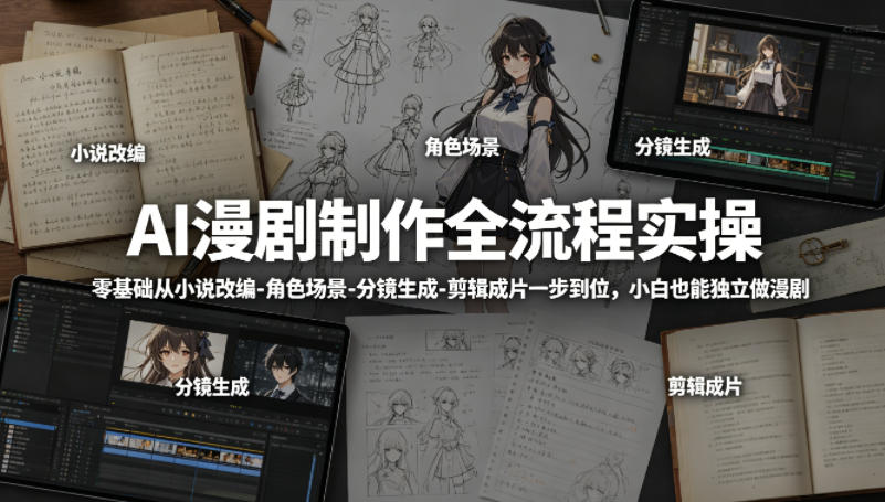 AI漫剧制作全流程实操，零基础从小说改编-角色场景-分镜生成-剪辑成片一步到位，小白也能独立做漫剧-副业网