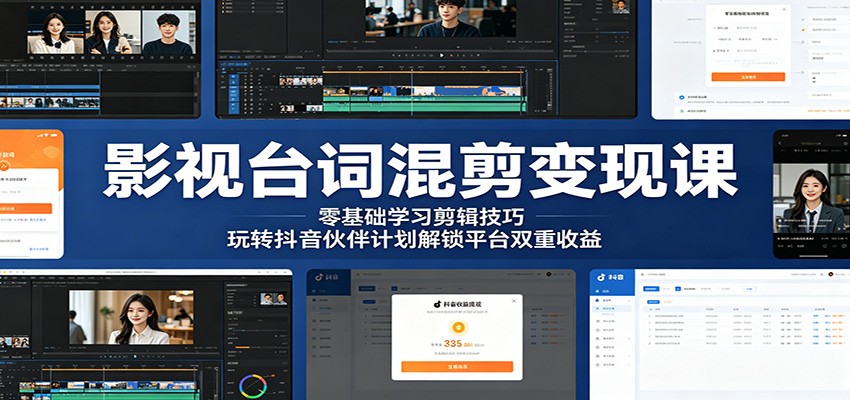 影视台词混剪变现课：零基础学习剪辑技巧，玩转抖音伙伴计划解锁平台双重收益-副业网