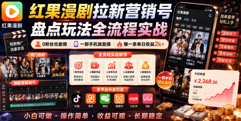 红果漫剧拉新营销号盘点玩法全流程实战，0粉丝也能做，一部手机就能做，爆一条单日收益2k+(更新0628)-副业网