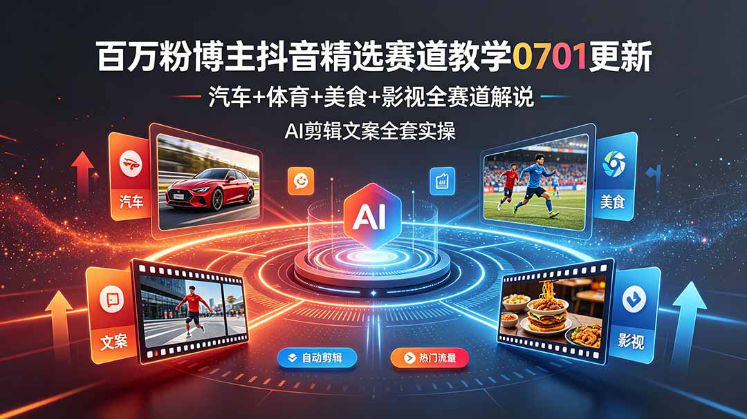 百万粉博主抖音精选赛道教学-0701更新，汽车+体育+美食+影视全赛道解说，AI剪辑文案全套实操-副业网