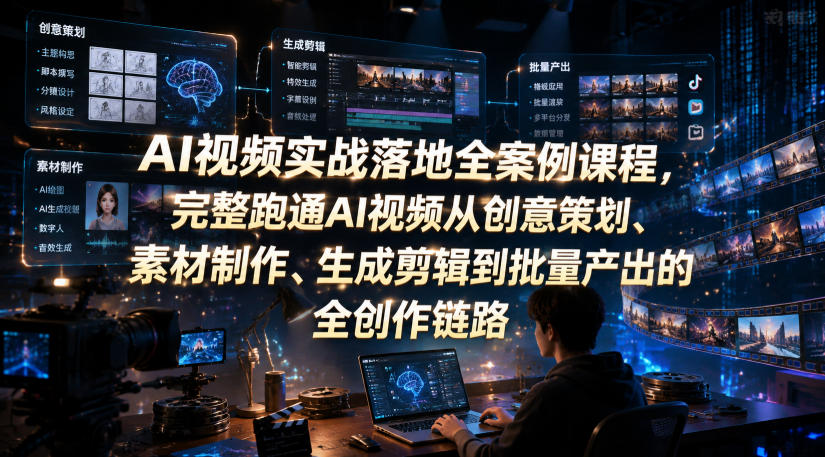 AI视频实战落地全案例课程，完整跑通AI视频从创意策划、素材制作、生成剪辑到批量产出的全创作链路-副业网