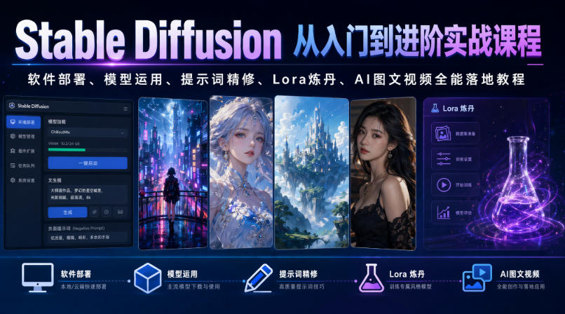 Stable Diffusion从入门到进阶实战课程｜软件部署、模型运用、提示词精修、Lora炼丹、AI图文视频全能落地教程-副业网