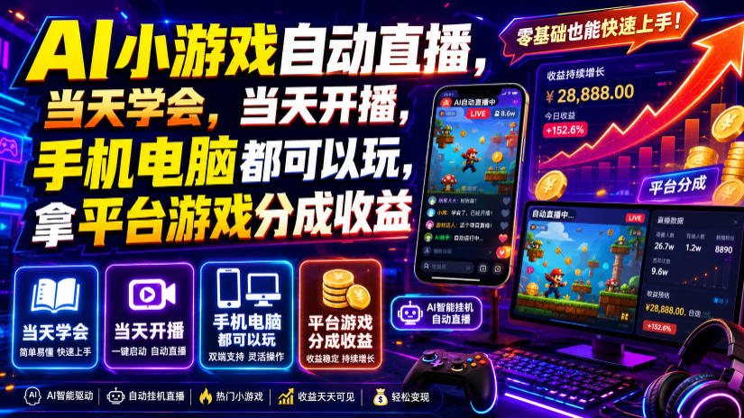 AI小游戏自动直播，当天学会，当天开播，手机电脑都可以玩，拿平台游戏分成收益-副业网