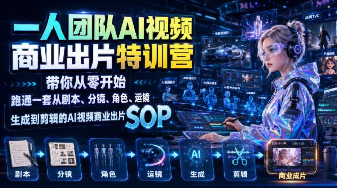 一人团队AI视频商业出片实战课：带你从零开始跑通一套从剧本、分镜、角色、运镜、生成到剪辑的AI视频商业出片SOP-副业网