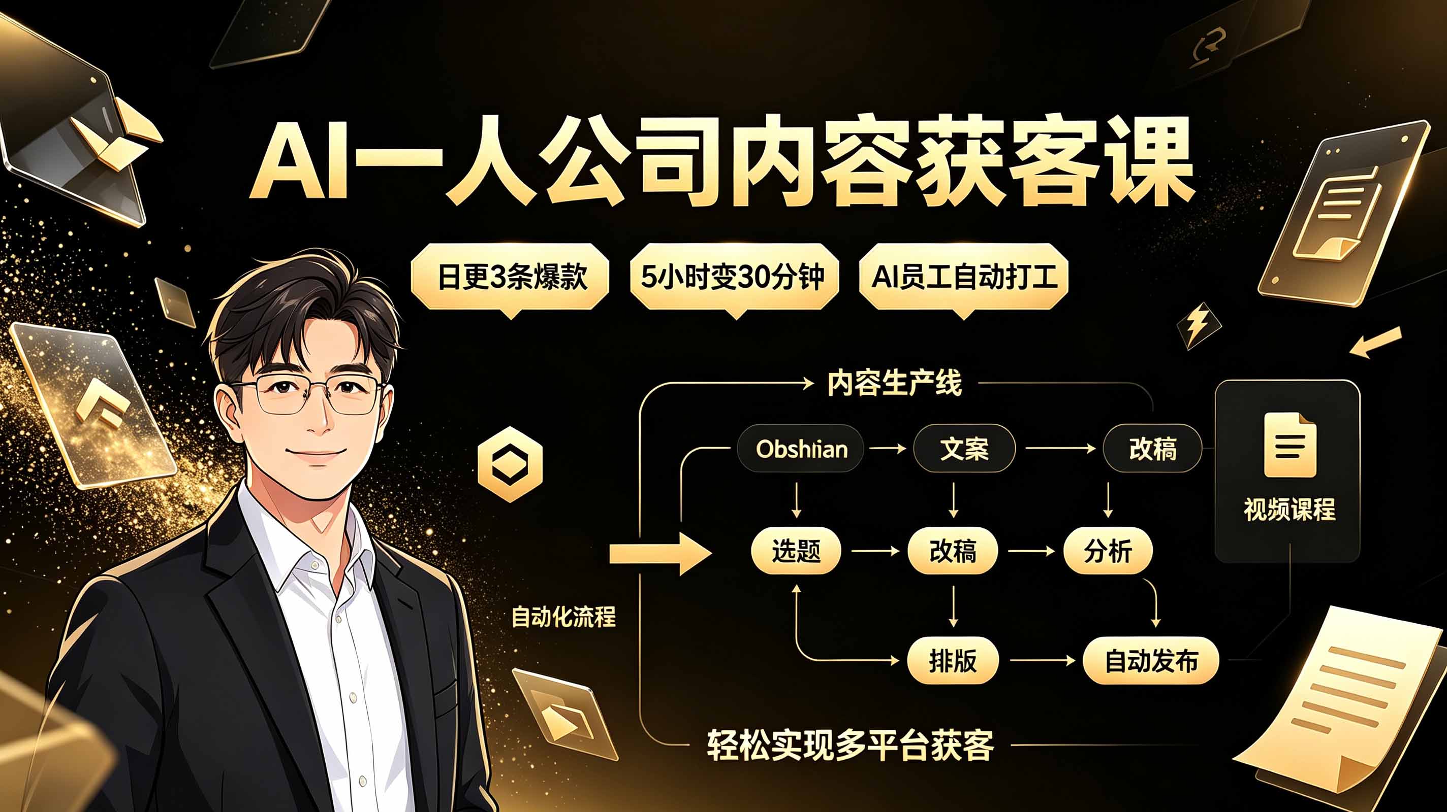 AI一人公司内容获客课：日更3条爆款×5小时变30分钟×AI员工自动打工，轻松实现多平台获客-副业网