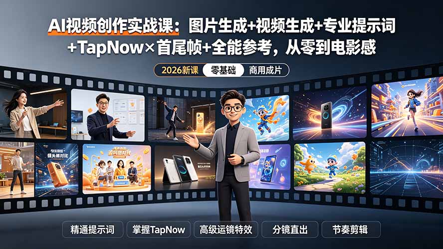 AI视频创作实战课：图片生成+视频生成+专业提示词+TapNow×首尾帧+全能参考，从零到电影感成片-副业网