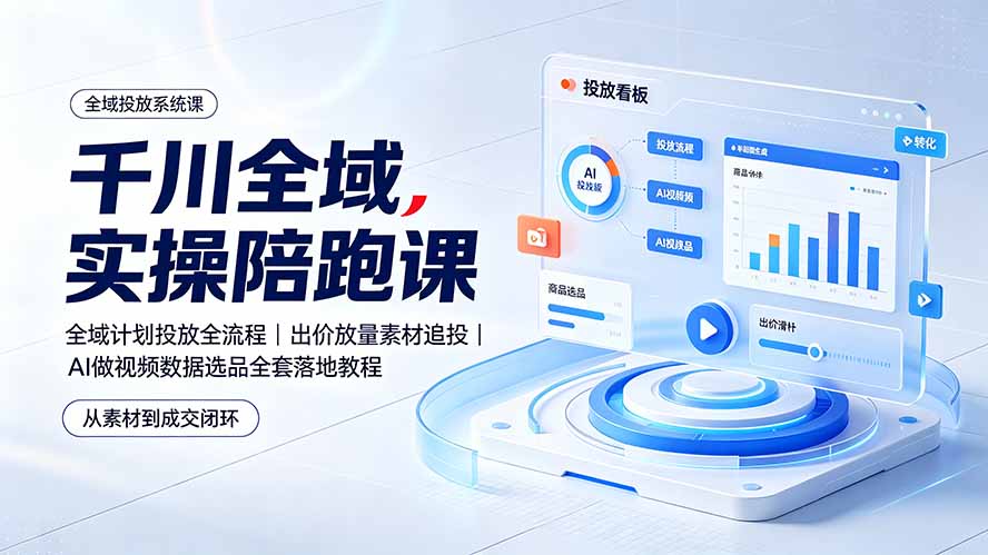 千川全域实操陪跑课：全域计划投放全流程｜出价放量素材追投｜AI做视频数据选品全套落地教程-副业网