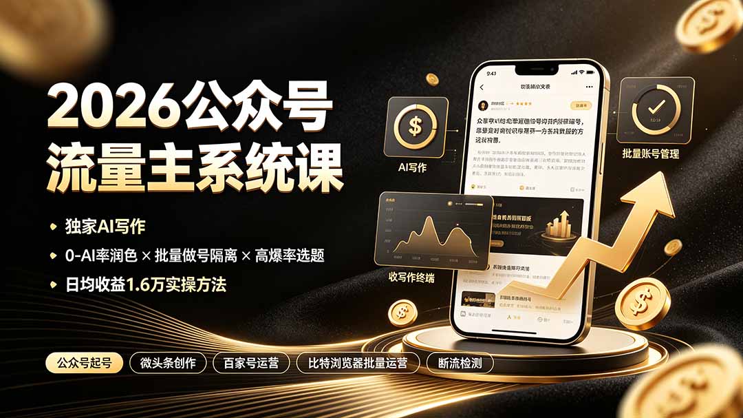 2026公众号流量主系统课：独家AI写作×0-AI率润色×批量做号隔离×高爆率选题，日均收益1.6万实操方法-副业网