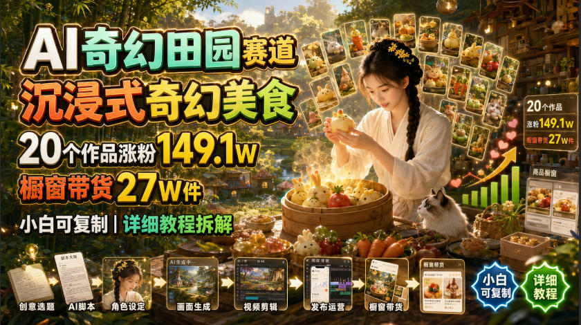 AI奇幻田园赛道，沉浸式奇幻美食，20个作品涨粉149.1W，橱窗带货27W件，小白可复制，详细教程拆解-副业网