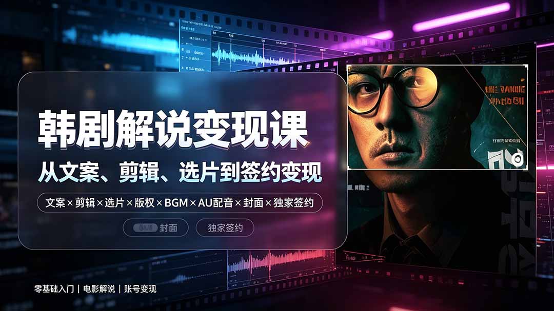 抖音270W粉丝博主亲授韩剧解说课：文案×剪辑×选片×版权×BGM×AU配音×封面×独家签约，零基础到变现-副业网