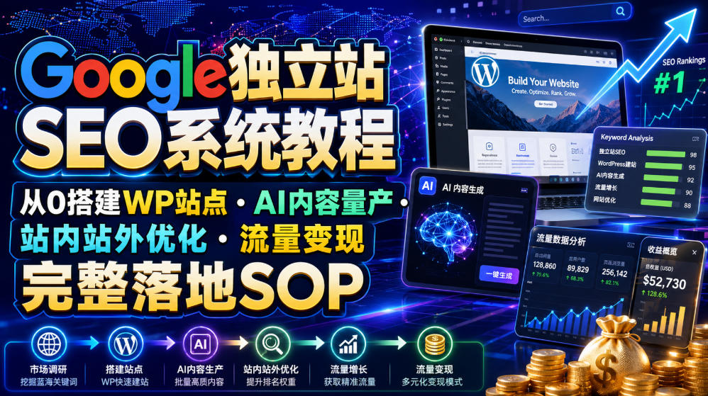 Google独立站SEO系统教程，从0搭建WP站点・AI内容量产・站内站外优化・流量变现完整落地SOP(2026年7月)-副业网