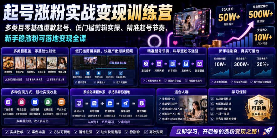 苗子起号涨粉实战变现训练营，多类目零基础爆款起号、精准起号节奏、新手稳涨粉可落地变现全课(更新0719)-副业网