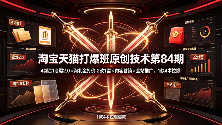淘宝天猫打爆班原创技术第84期：4剑合1必爆2.0×淘礼金打价×2改1留×内容营销×全站推广，1款4术拉爆-副业网