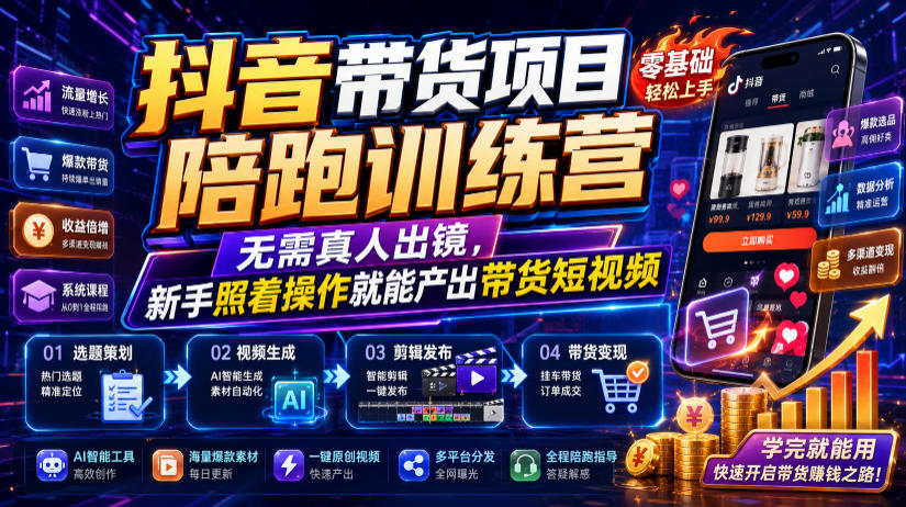抖音带货项目陪跑训练营，无需真人出镜，新手照着操作就能产出带货短视频-副业网