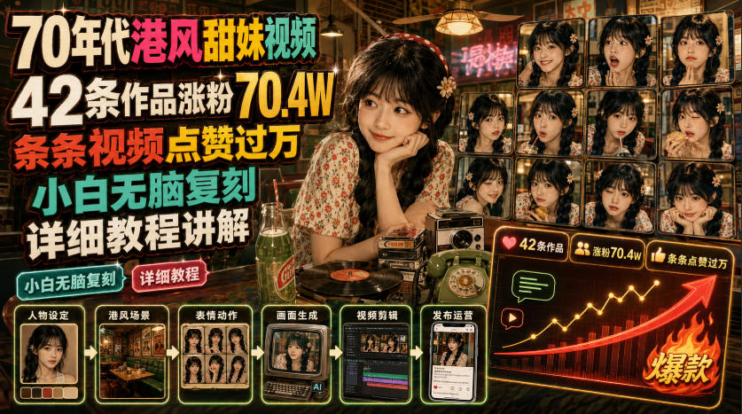 70年代港风甜妹视频，42条作品涨粉70.4W，条条视频点赞过万，小白无脑复刻，详细教程讲解-副业网