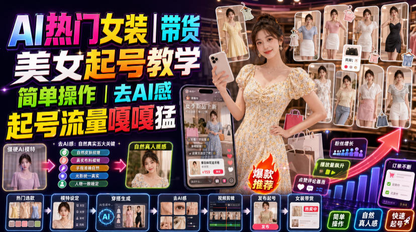 AI热门女装带货丨美女起号教学，简单操作，去AI感，起号流量嘎嘎猛-副业网